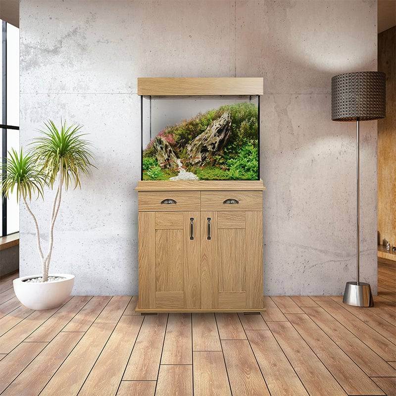 Fluval Shaker 168L Aquarium &amp; Cabinet with Bluetooth LED lighting, plant, and floor lamp.