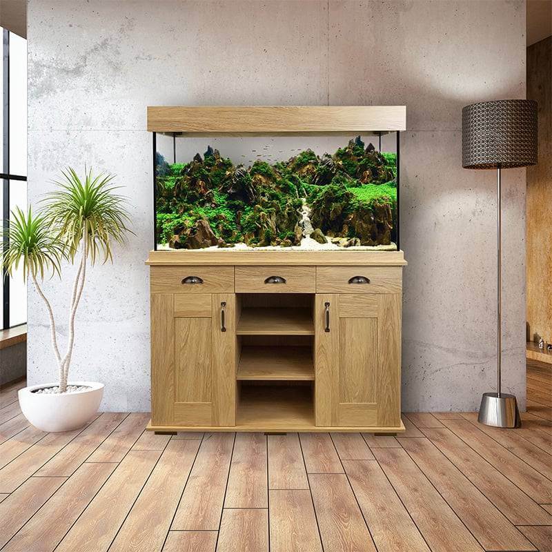 Fluval Shaker 345L Aquarium Set features LED lighting, lush plants, and a wooden cabinet.