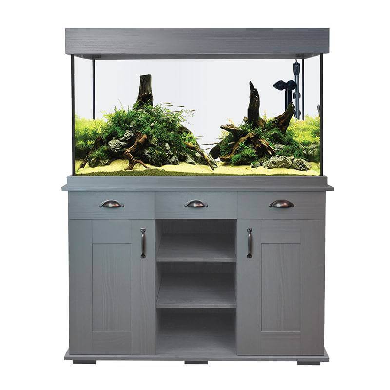 Fluval Shaker 345L Aquarium Set with plants, driftwood, LED lights, on gray cabinet.