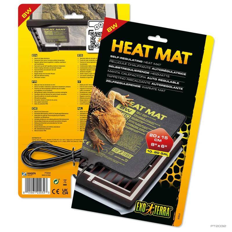 Exo Terra Self Regulating Heat Mat 8w 20x15cm packaging with details in multiple languages.
