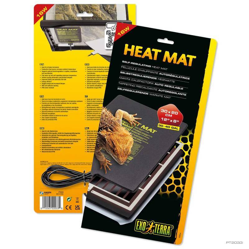Exo Terra Self Regulating Heat Mat 16w 30x20cm for glass terrariums, with usage instructions.
