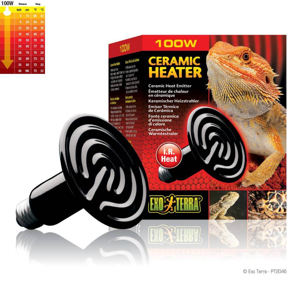 Exo Terra Ceramic Heat Emitter 100W, packaged with a bearded dragon pictured on the box.