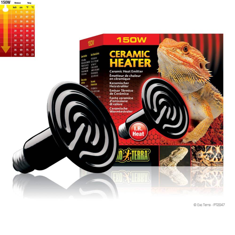 Exo Terra Ceramic Heat Emitter 150w for reptiles, shown in bearded dragon packaging.
