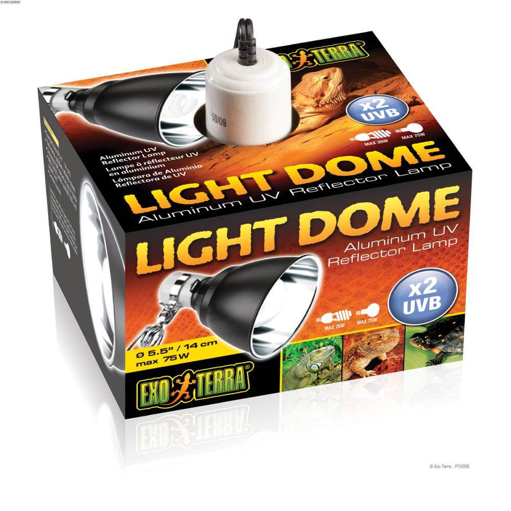 Exo Terra Dome Lighting Fixture in black, for terrariums, shown with box and reptile details.