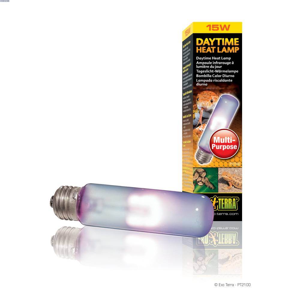 A 15W Exo Terra Daytime Heat Lamp sits in front of its colorful Exo Terra packaging.