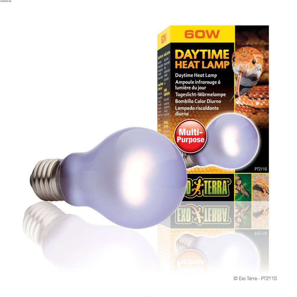 Exo Terra Daytime Heat Lamp 60W shown with packaging featuring a snake and product details.