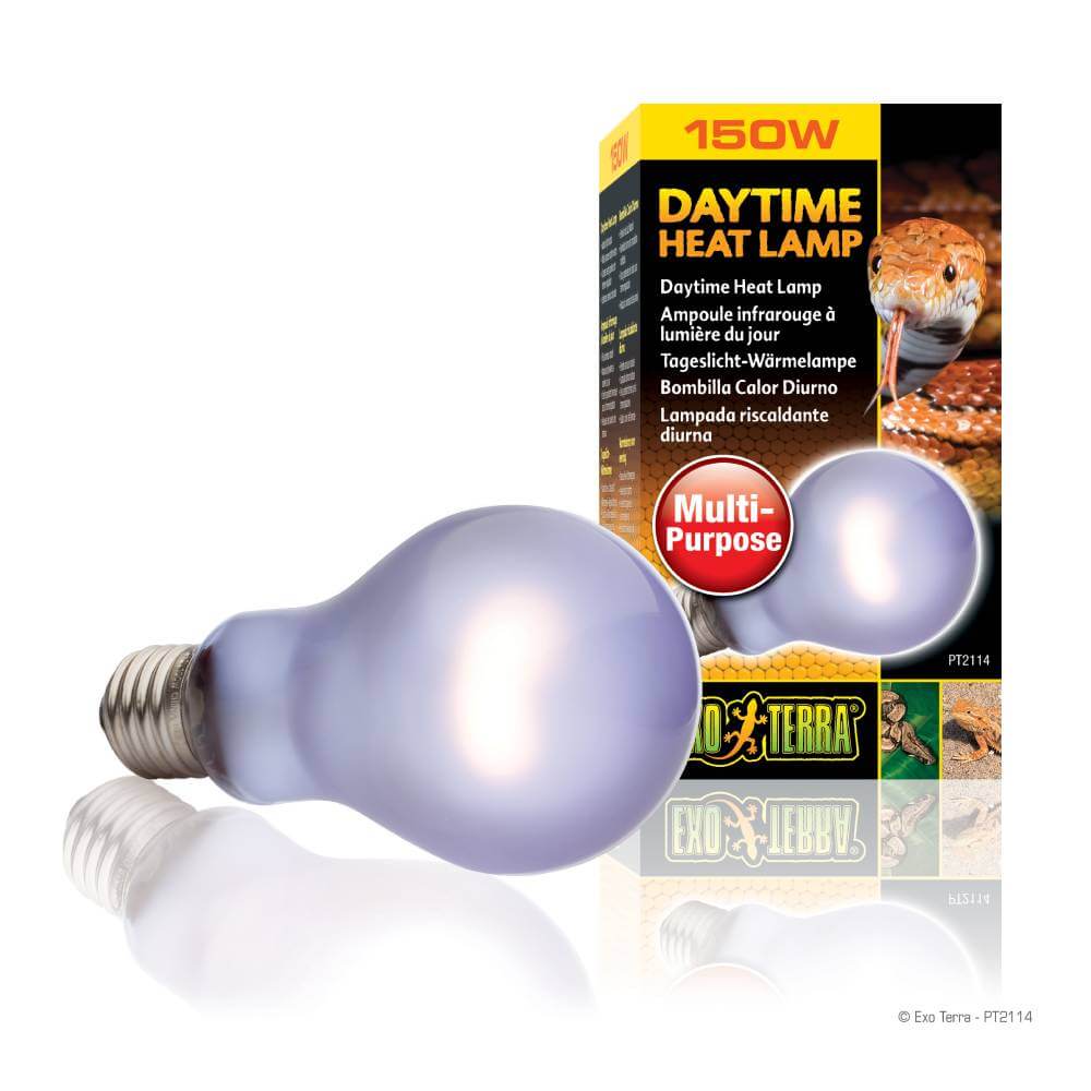 Exo Terra Daytime Heat Lamp 150W bulb in packaging with snake and lamp details.