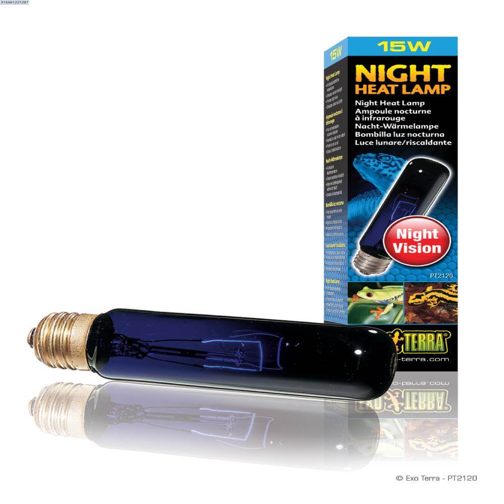 Exo Terra Night Heat Lamp 15W with blue bulb for nocturnal viewing, shown in its packaging.