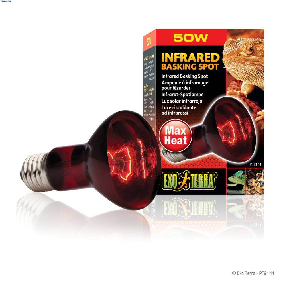 Exo Terra Infrared Basking Spot 50w red heat lamp for terrariums in Exo Terra packaging.