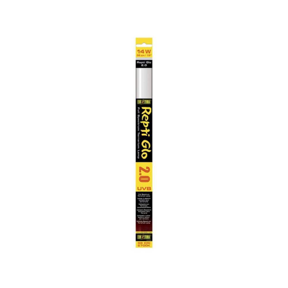 Exo Terra Reptiglo Fluorescent Tube 2% 14W 15 Inch in branded yellow and black packaging.