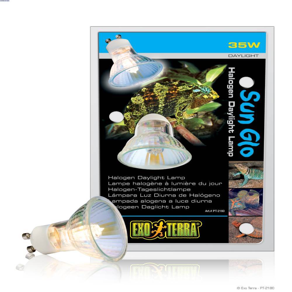Exo Terra Sun Glo Halogen Daylight Lamp 35W for reptiles, chameleon featured on package.