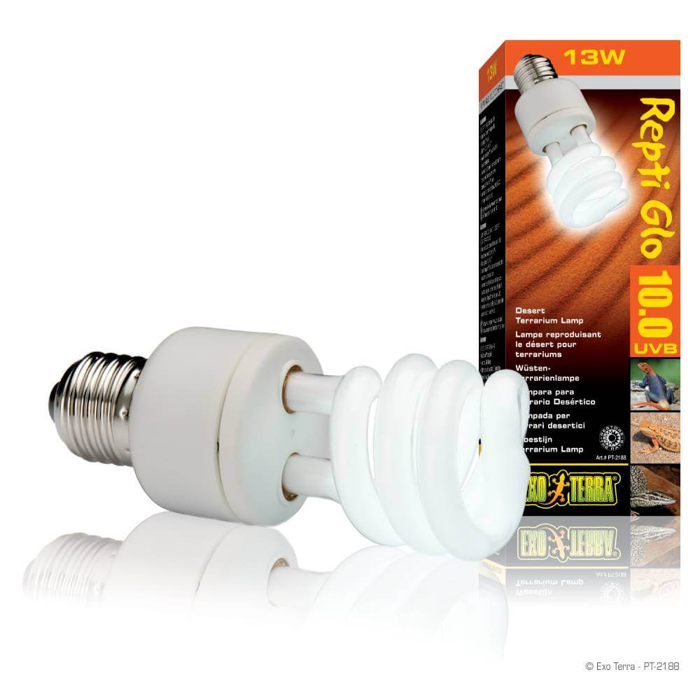 An Exo Terra Reptiglo 10.00 Compact Desert Lamp T10 13w next to its colorful packaging.