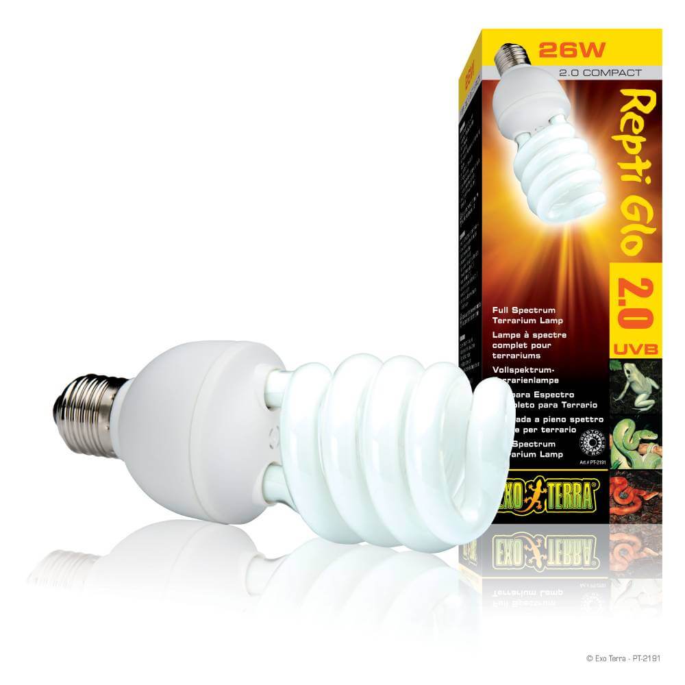 The Exo Terra Reptiglo 2.0% Compact Lamp 26W is shown next to its colorful box.
