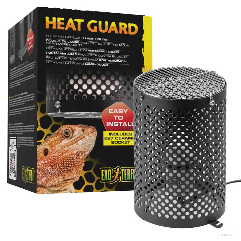 Exo Terra Heat Guard Lamp Holder, black mesh, for reptiles; packaging shows a lizard.