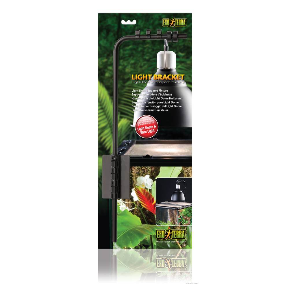 Exo Terra Light Bracket for Light Domes shown on packaging with terrarium, tank, and plants behind.