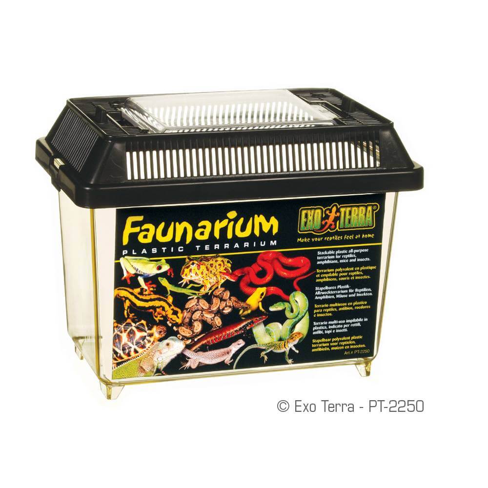 The Exo Terra Faunarium Mini is a clear plastic reptile cage with a black lid by Exo Terra.