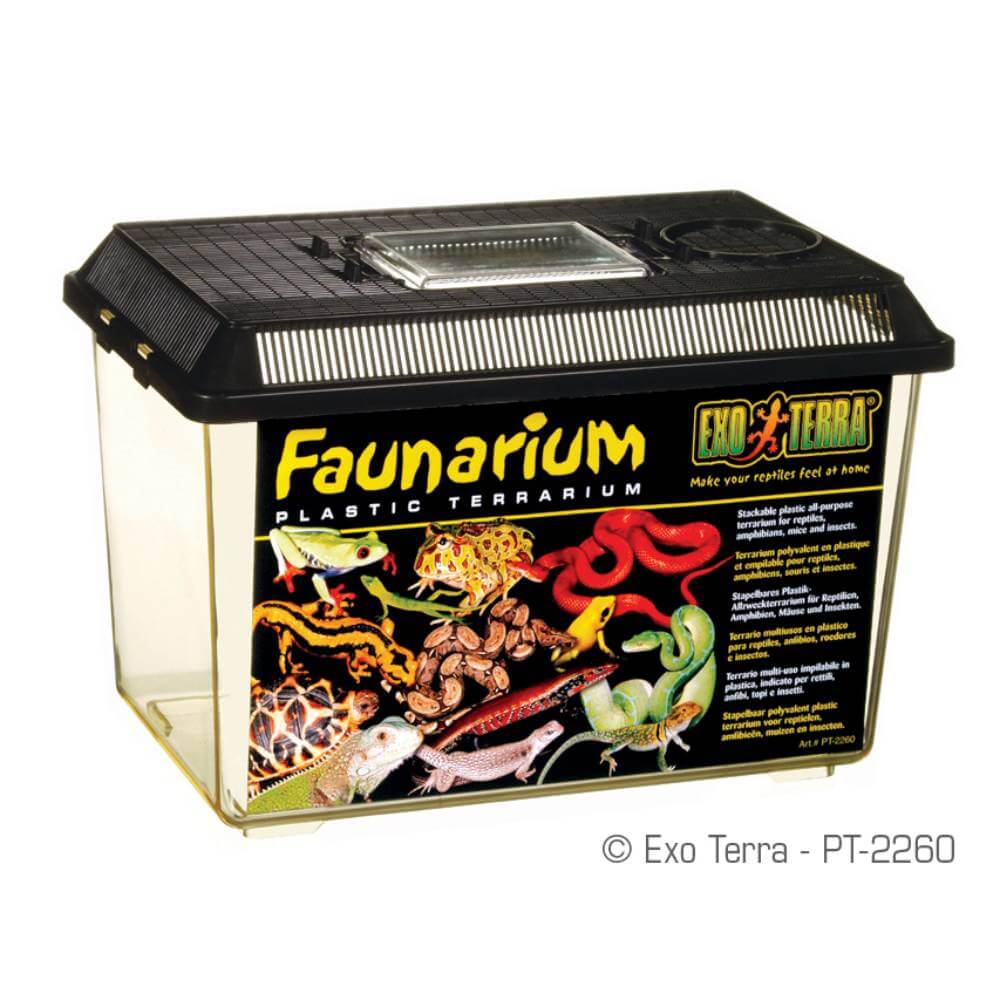 Exo Terra Standard Faunarium Medium with black lid and colorful label featuring reptiles.