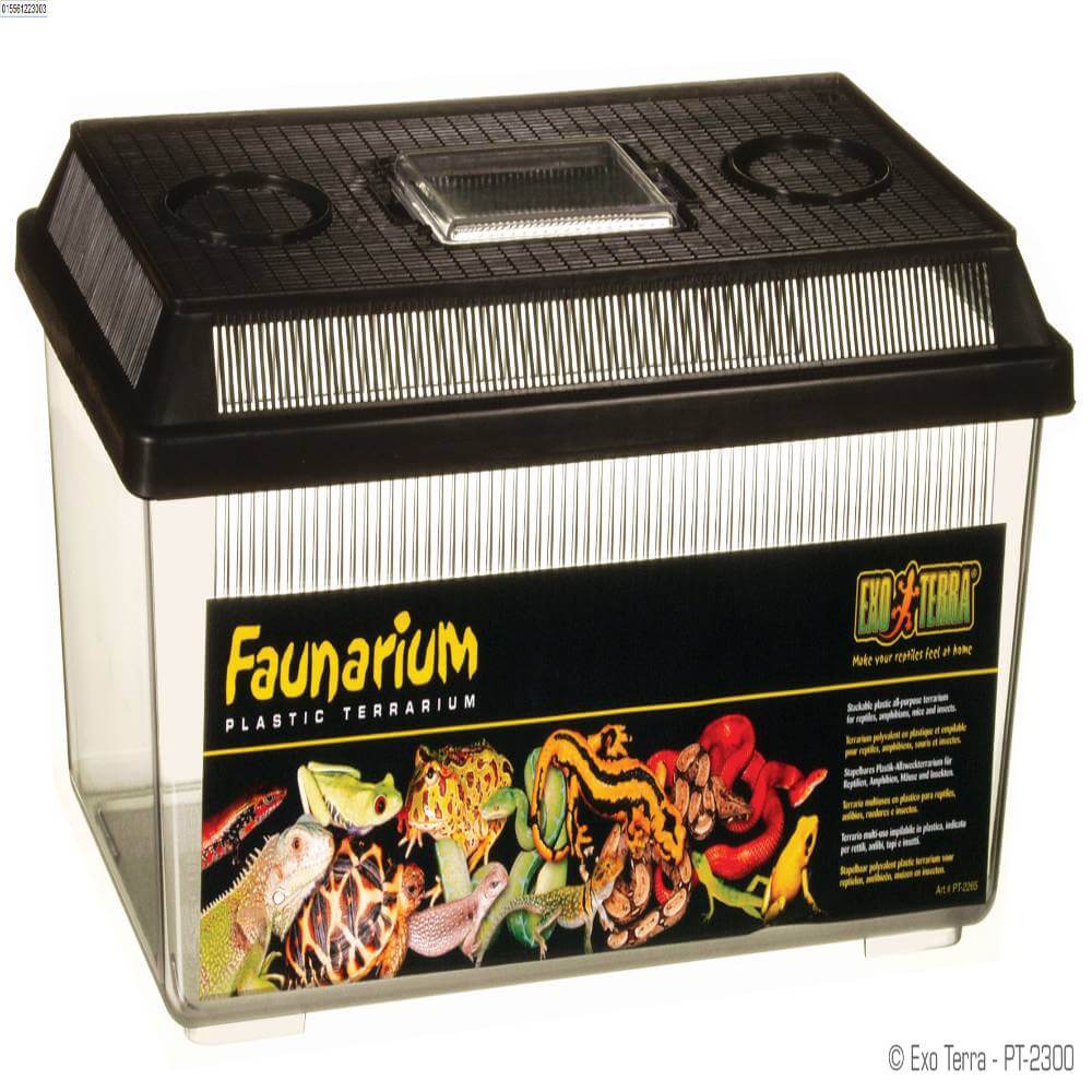 Exo Terra Flat Faunarium Medium: Stackable plastic reptile terrarium with secure black lid.