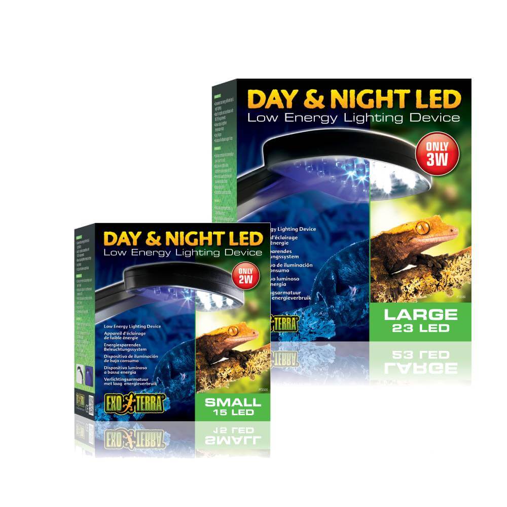 Two boxes of Exo Terra Day & Night LED, an energy-saving lighting solution from Exo Terra.