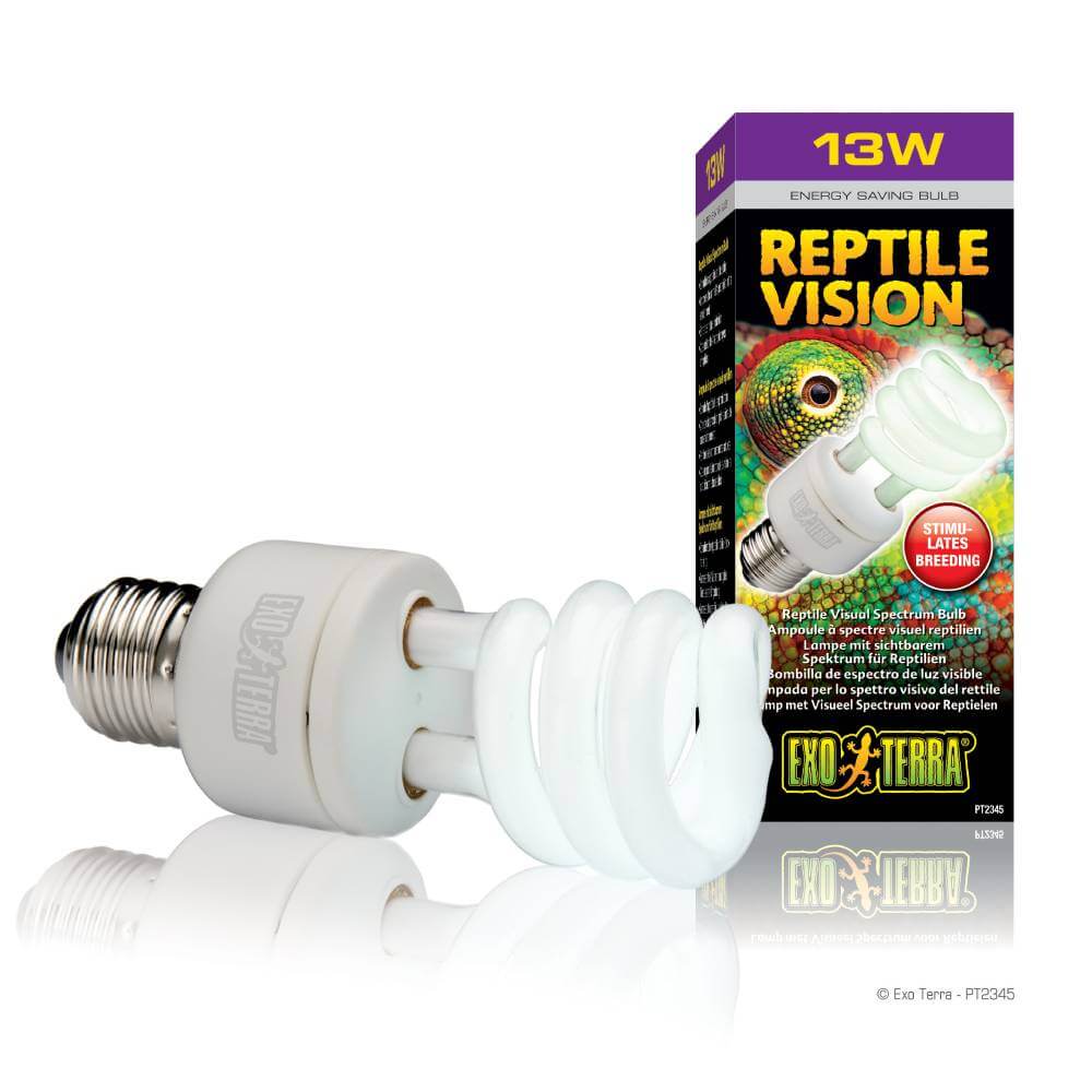 Exo Terra Reptile Vision Lamp 13W next to its colorful Exo Terra packaging.