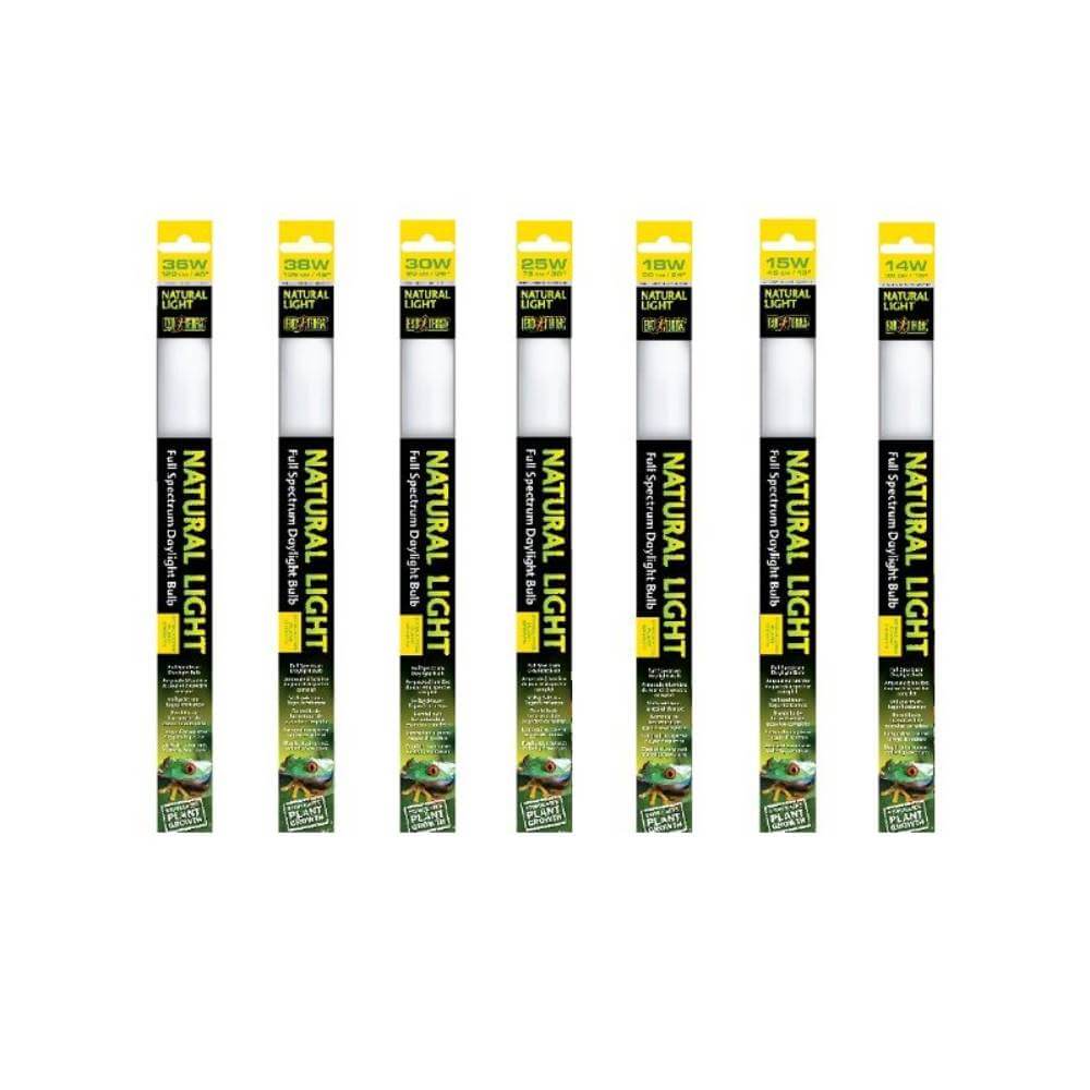 Seven Exo Terra Bulb Natural Light boxes in a row, labeled by wattage for terrariums.