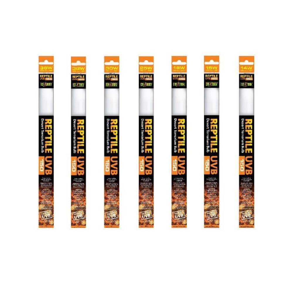 Seven Exo Terra Bulb 150 boxes for desert reptile lighting, each labeled with different wattages.