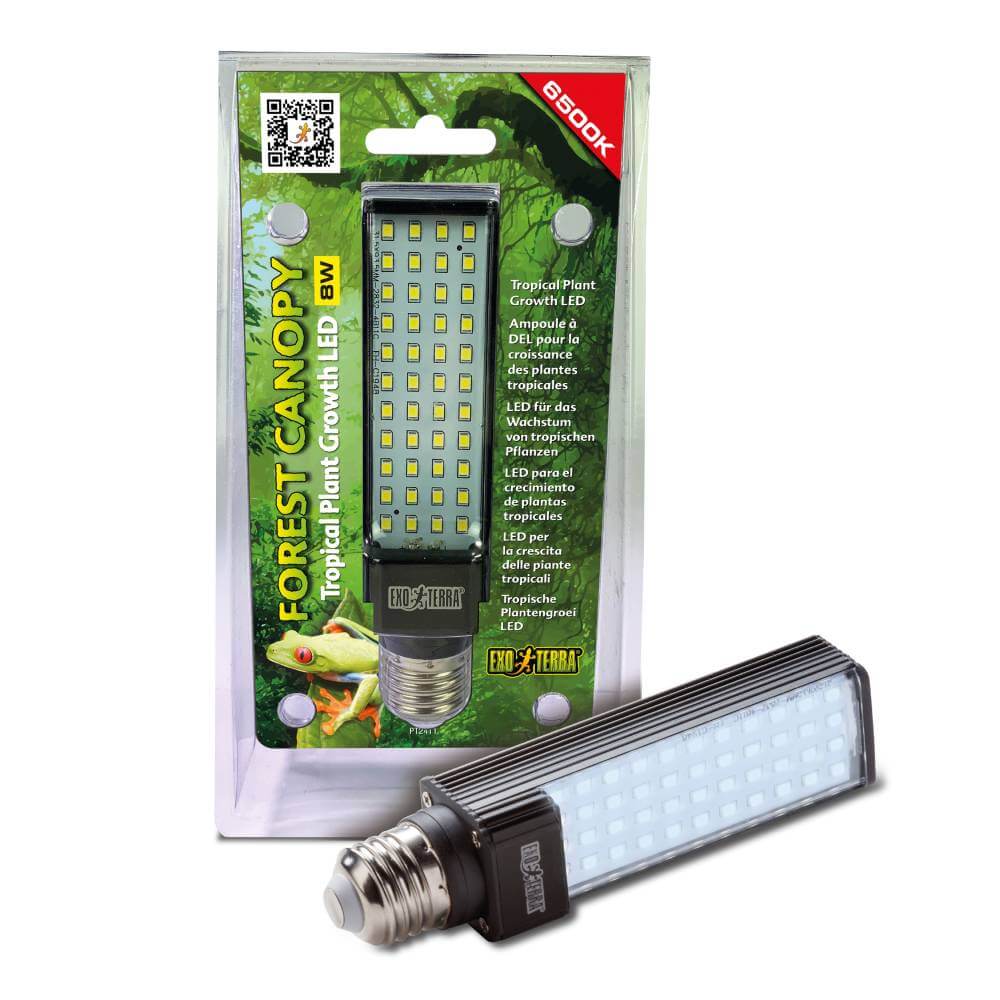 Exo Terra Forest Canopy LED 8W plant light for bioactive terrariums with tropical packaging.