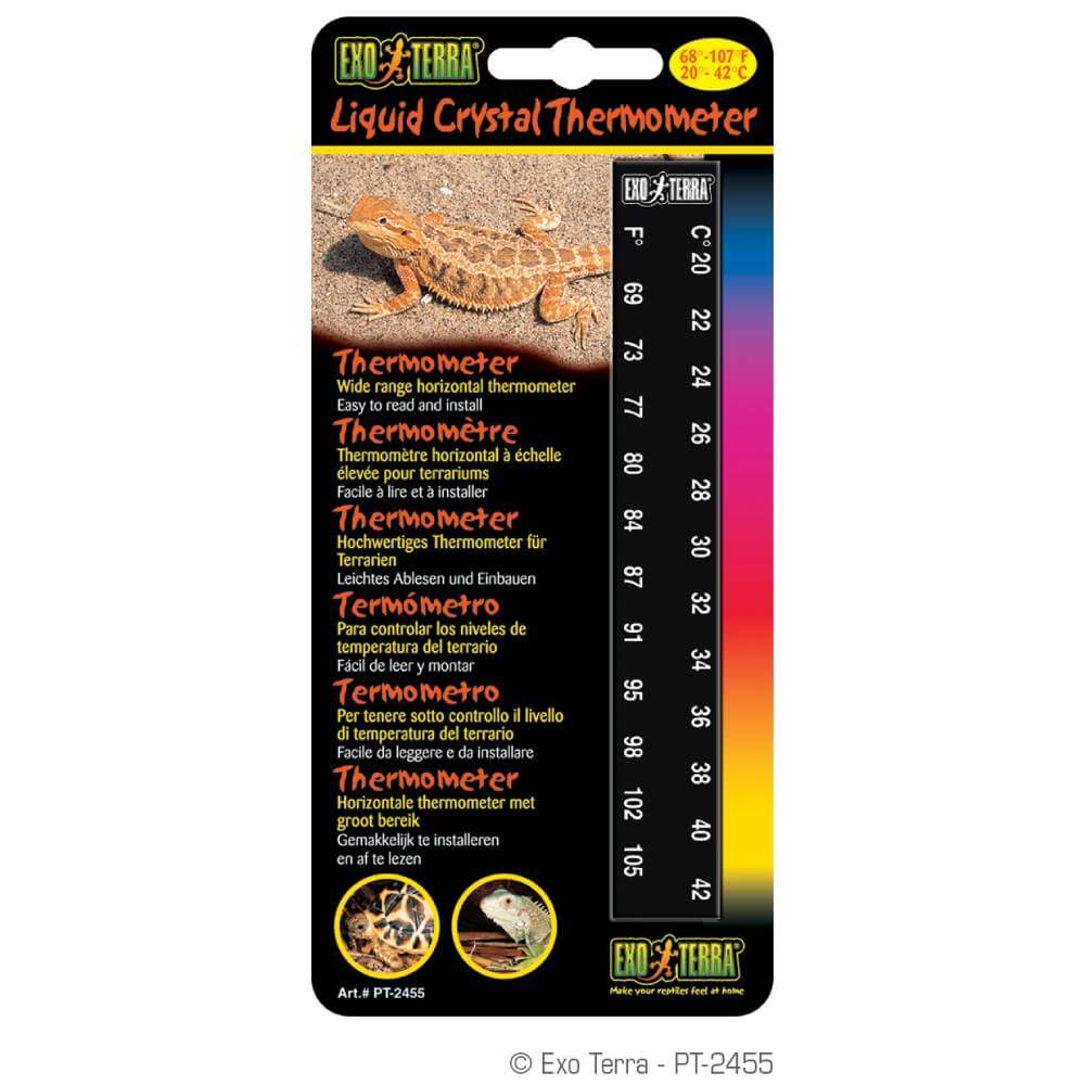 Exo Terra Liquid Crystal Thermometer packaging with reptile graphics and temperature scale.