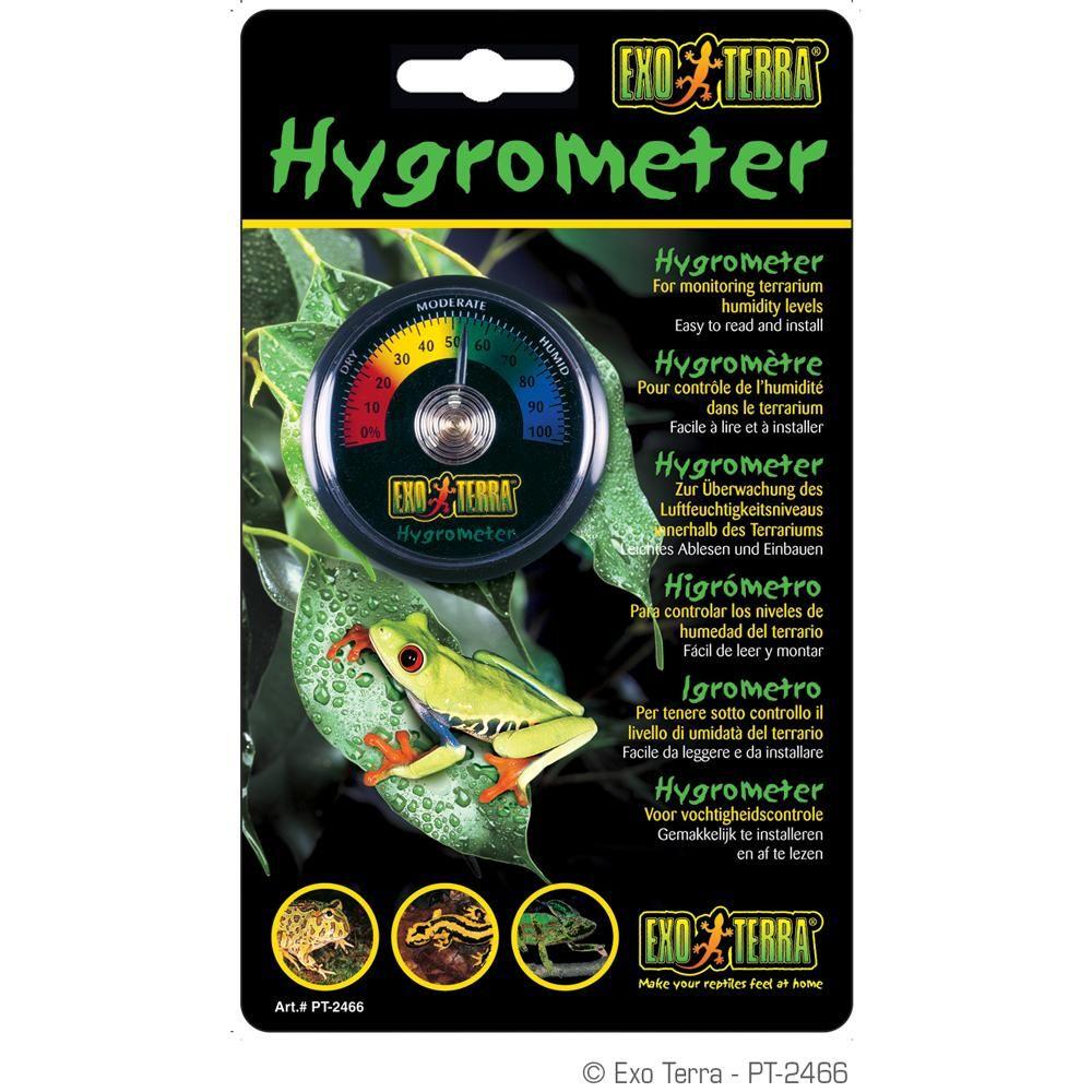Exo Terra Hygrometer in packaging with a colorful dial and green lizard background.