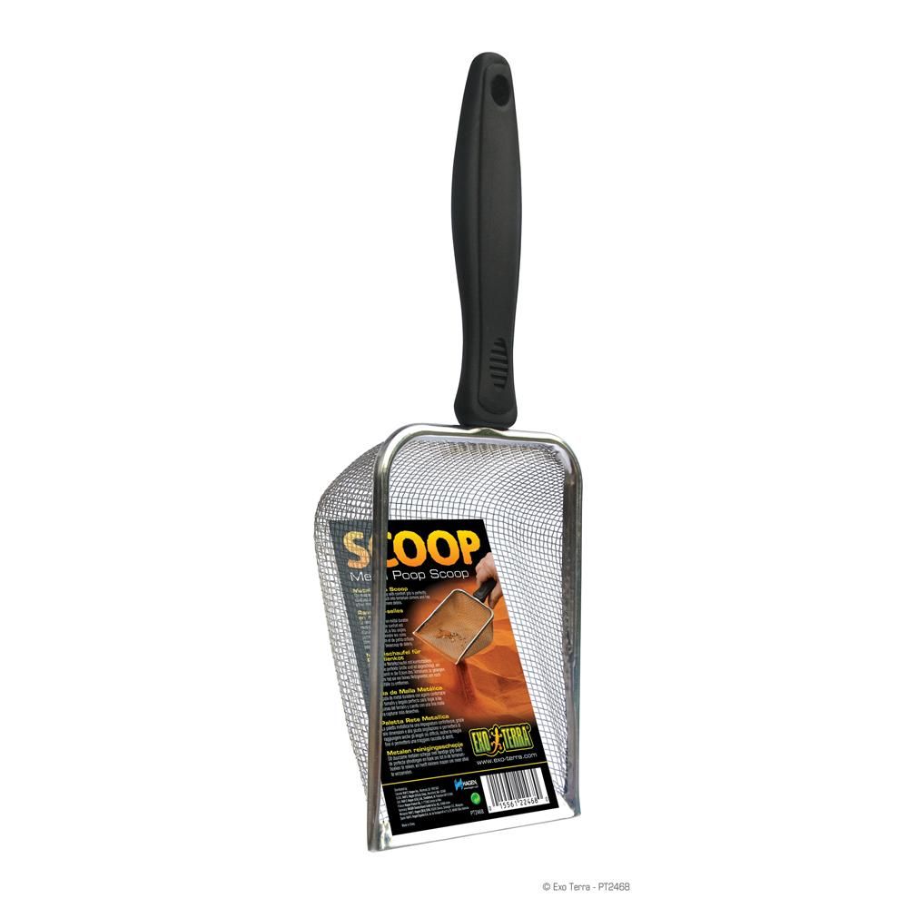 Exo Terra Metal Poop Scoop: sturdy mesh scoop with black handle, ideal for terrarium cleaning.