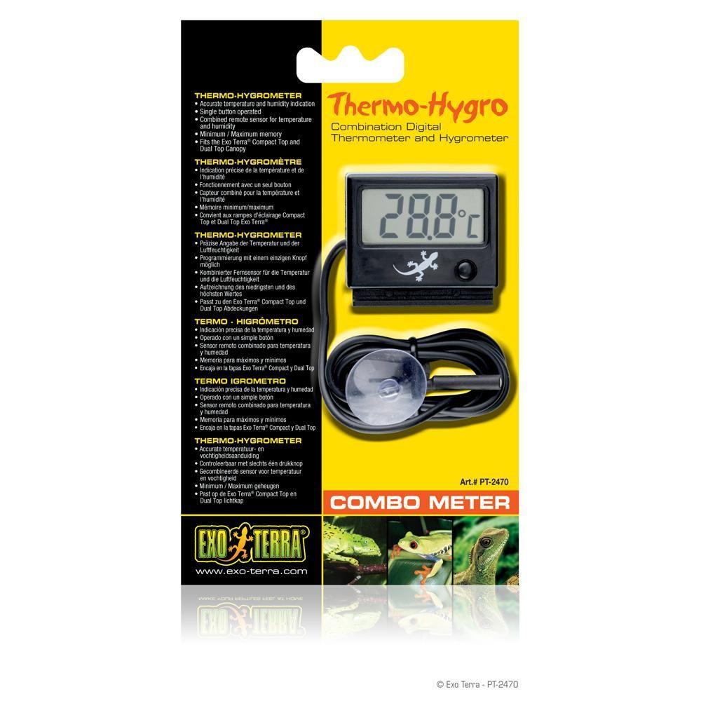 Exo Terra Digital Thermometer &amp; Hygrometer with display and suction cup in packaging.