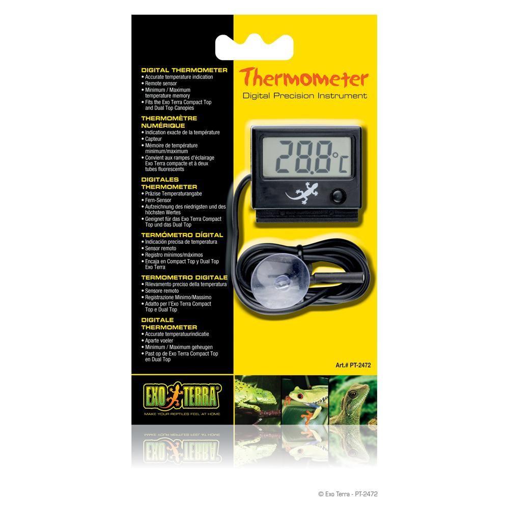 Exo Terra Digital Thermometer shows 28.8°C on screen in packaging.