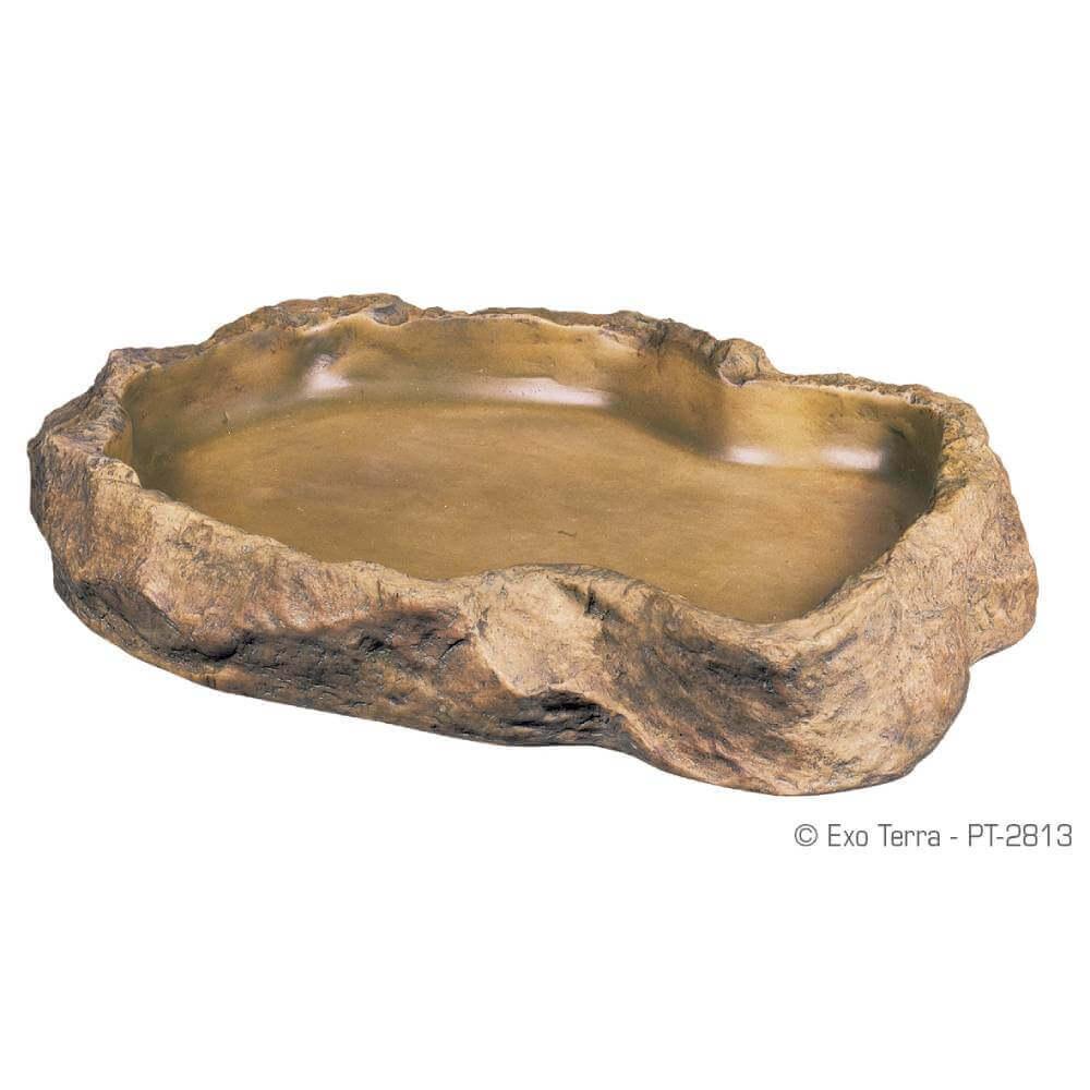 Exo Terra Natural Look Feeding Dish XLarge—brown, shallow, textured edges for terrariums.