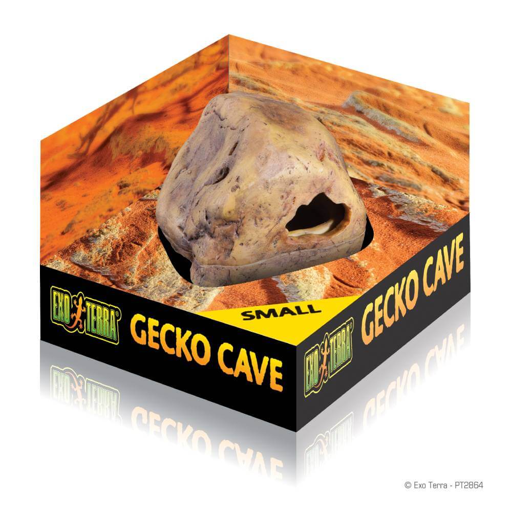 Exo Terra Gecko Cave Small terrarium accessory by Exo Terra with desert background, yellow text.