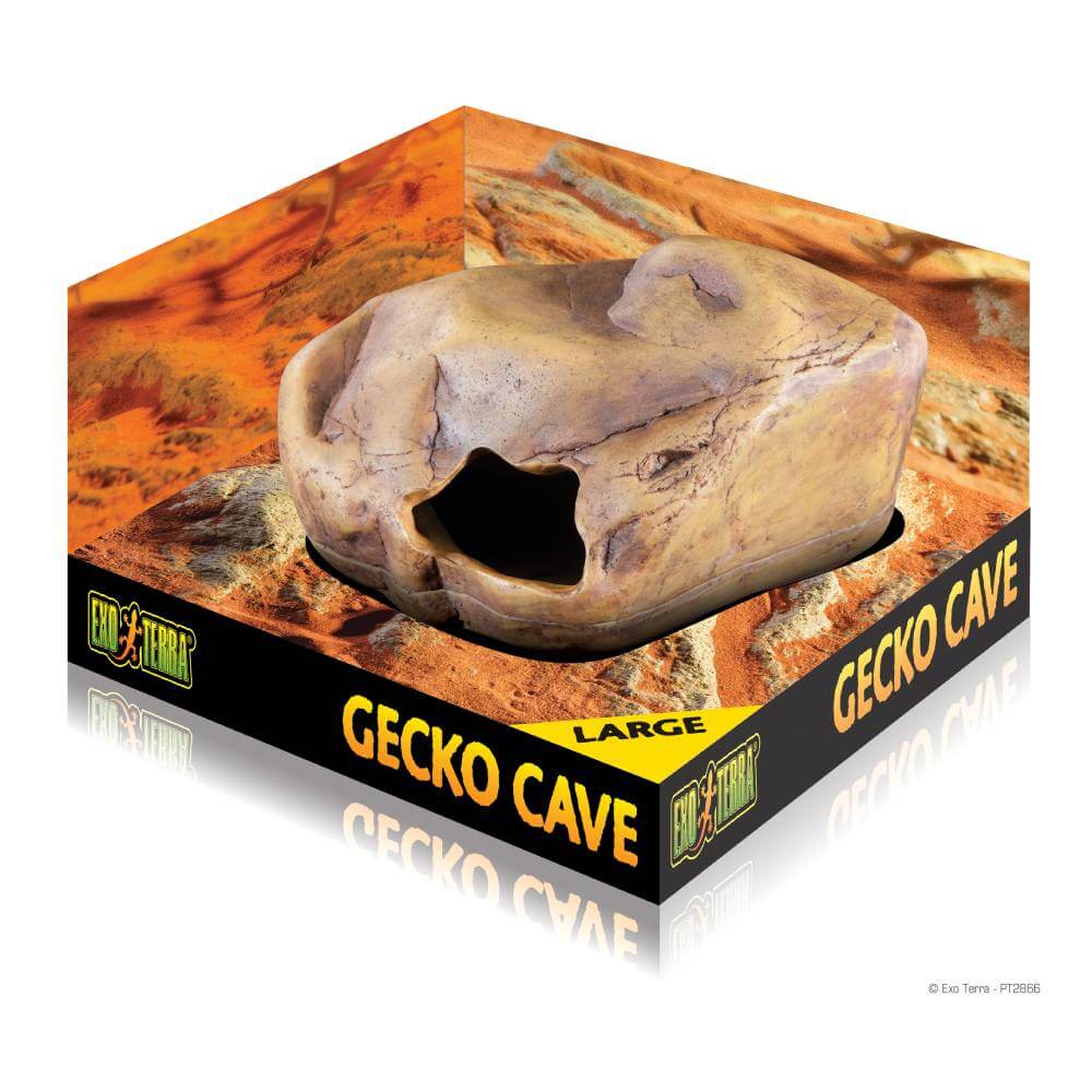Exo Terra Gecko Cave Large for leopard geckos, includes desert background.