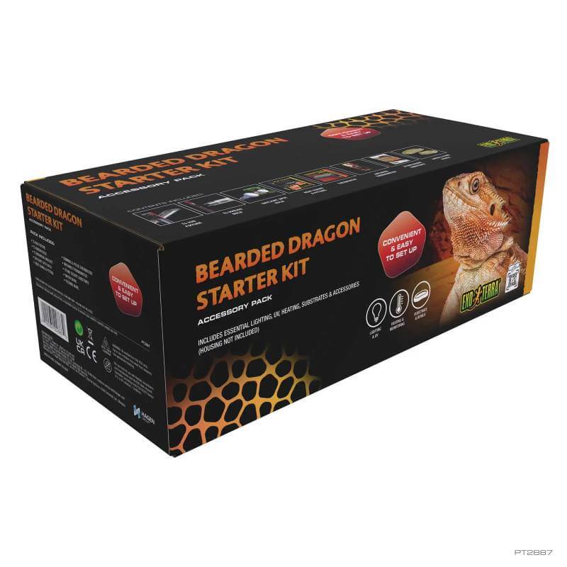 Exo Terra Bearded Dragon Kit box with desert habitat details and UVB lighting info.