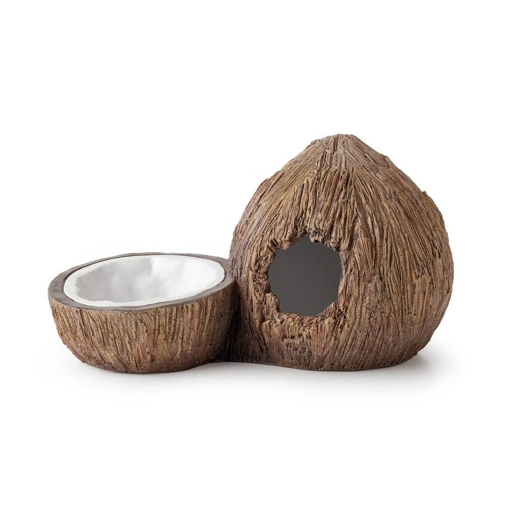 Exo Terra Coconut Hide &amp; Water Dish shown: two coconut shell halves on a white background.