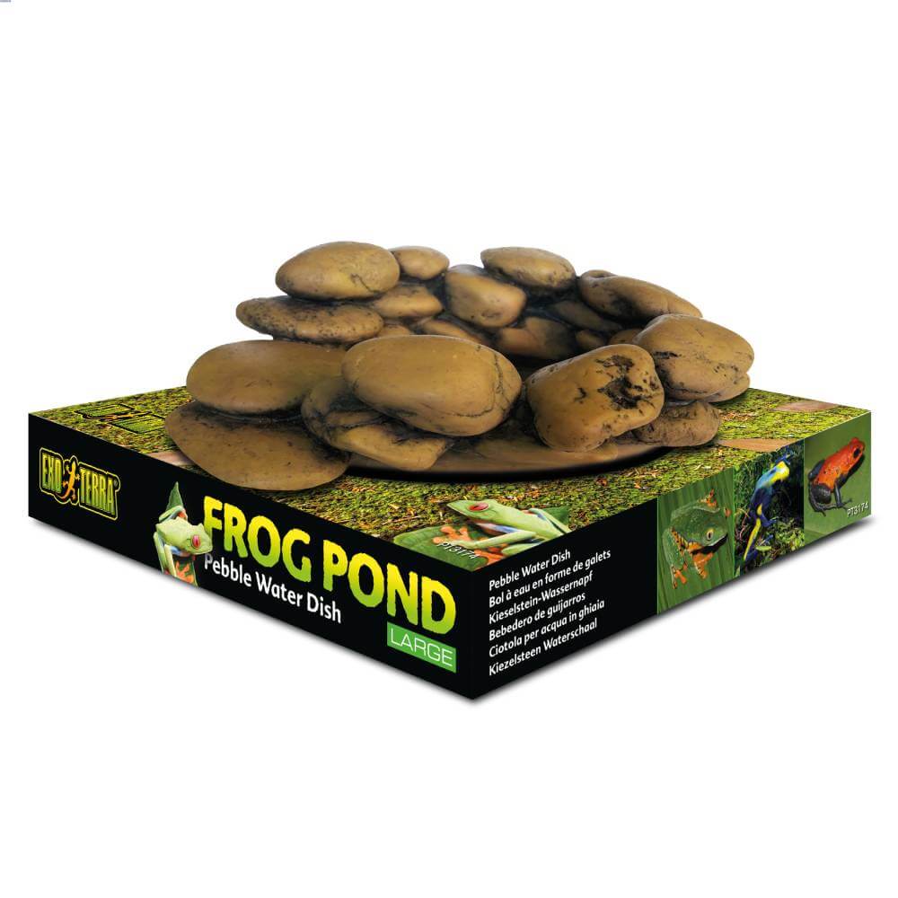 Exo Terra Frog Pond Pebble Water Dish for frogs, shown on branded Exo Terra packaging.