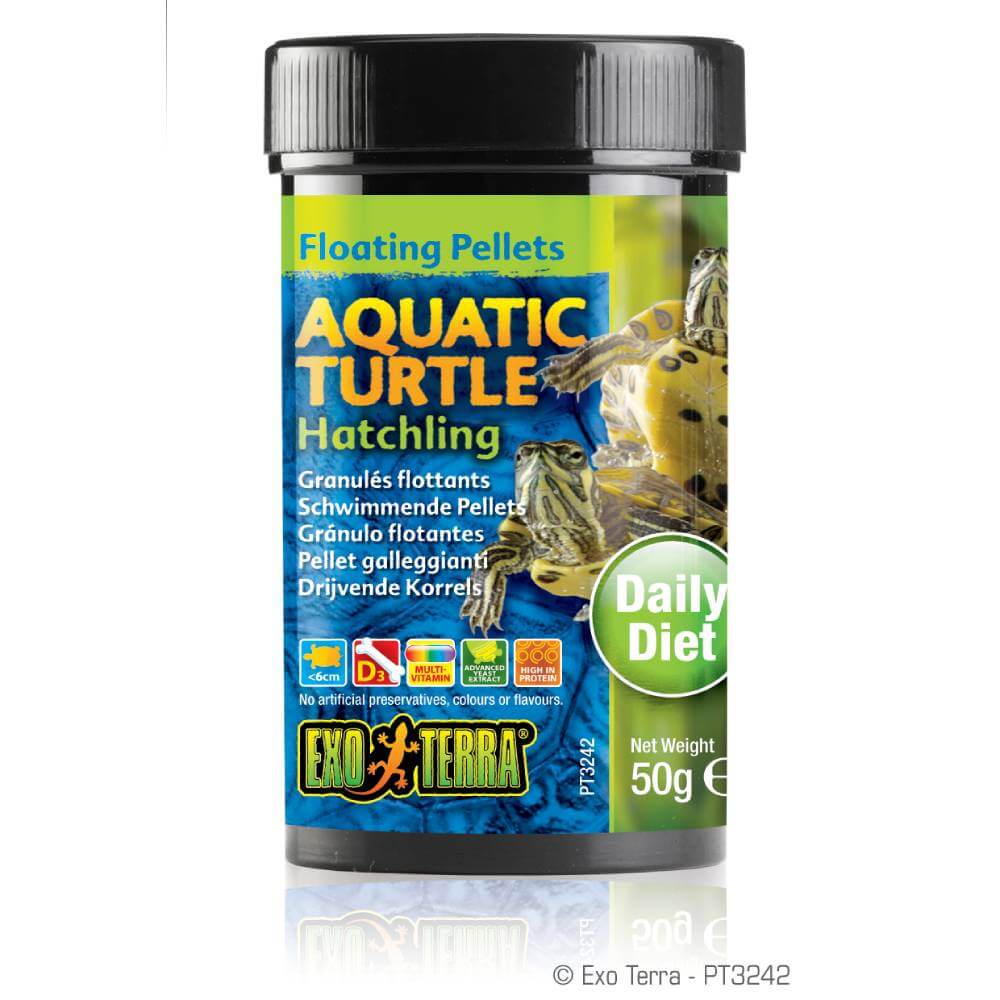 Exo Terra Aquatic Turtle Food Hatchling 50g floating micro-pellets container label.