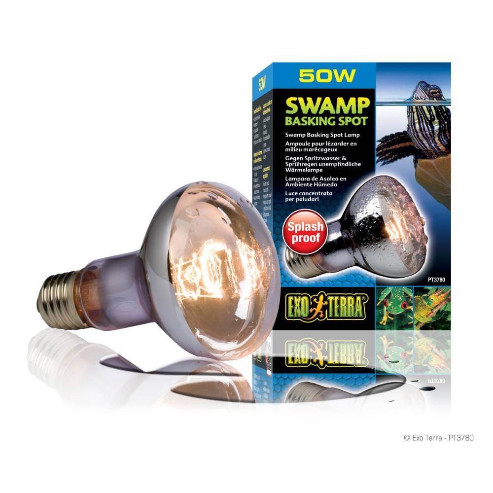 Exo Terra Swamp Basking Spot Bulb 50W, splash resistant for aquatic terrariums.