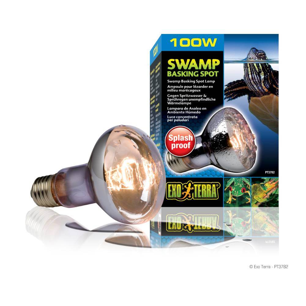 Exo Terra Swamp Basking Spot Bulb 100W—splash resistant for aquatic terrariums.