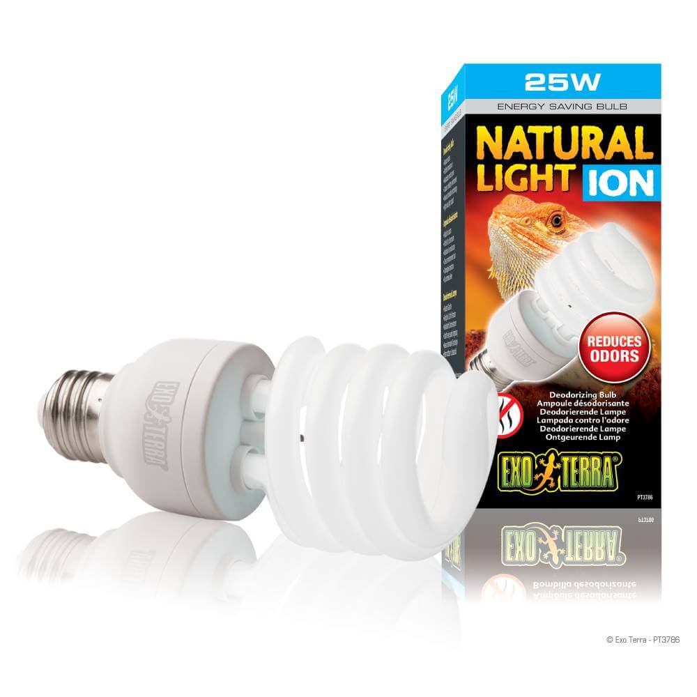 Exo Terra Repti Glo Ion Light 25W in packaging with a lizard image.