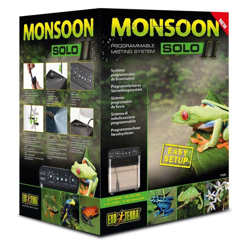 Exo Terra Monsoon Solo II (1.5L) mists terrariums for frogs &amp; reptiles, supports 2 nozzles.