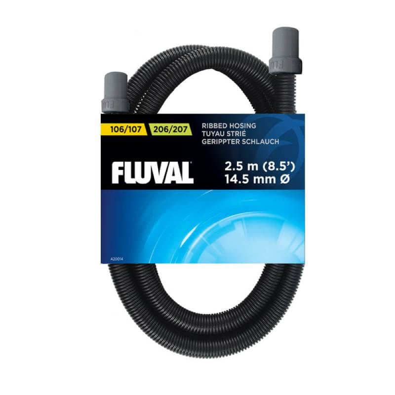 Fluval Ribbed Hosing 2.5m for 104-407 external filters; coiled in blue packaging.