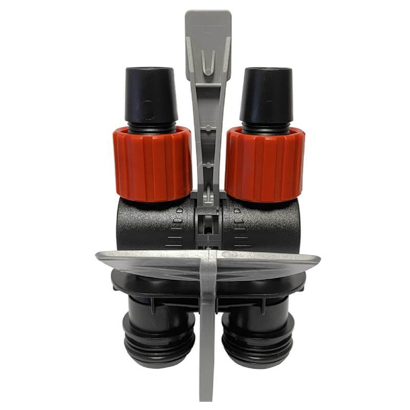 Close-up of the Fluval Aqua Stop with Handle for 104-404/105-405, featuring red valves.