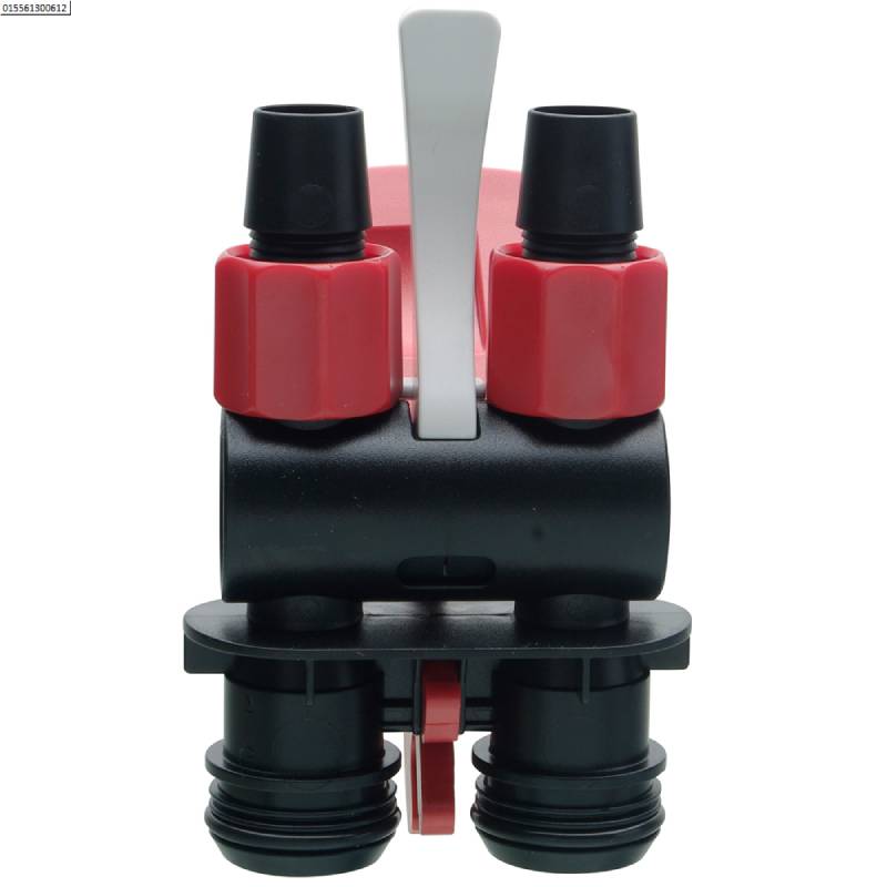 Fluval Aquastop Valve by Fluval, black and red with gray lever on top, front view.