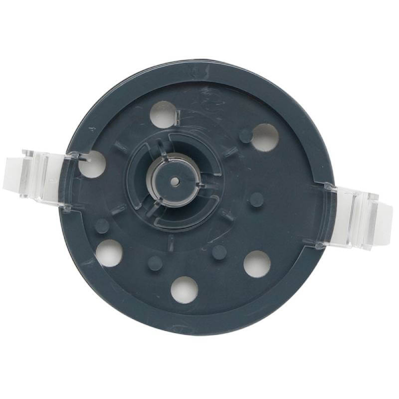 Top view of a Fluval 305/405 Impeller Cover by Fluval, round, black, with holes and clear side clips.
