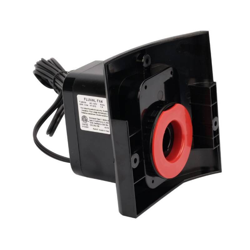 Black and red Fluval FX4 Motor Unit aquarium fixture with label and attached power cord.