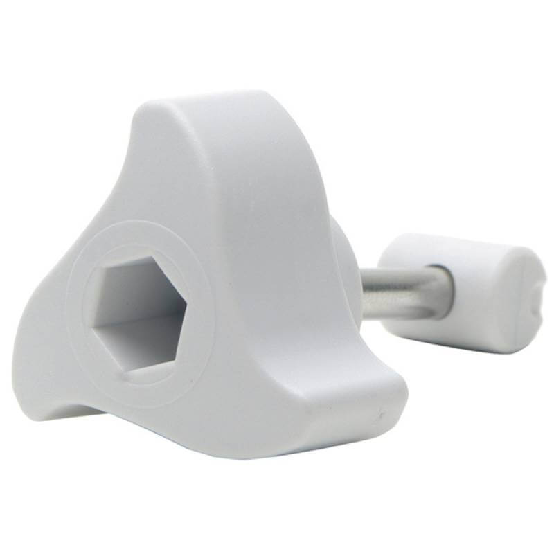 Fluval FX5/FX6 Lid Fastener: white plastic knob with hex hole, metal rod on right side.