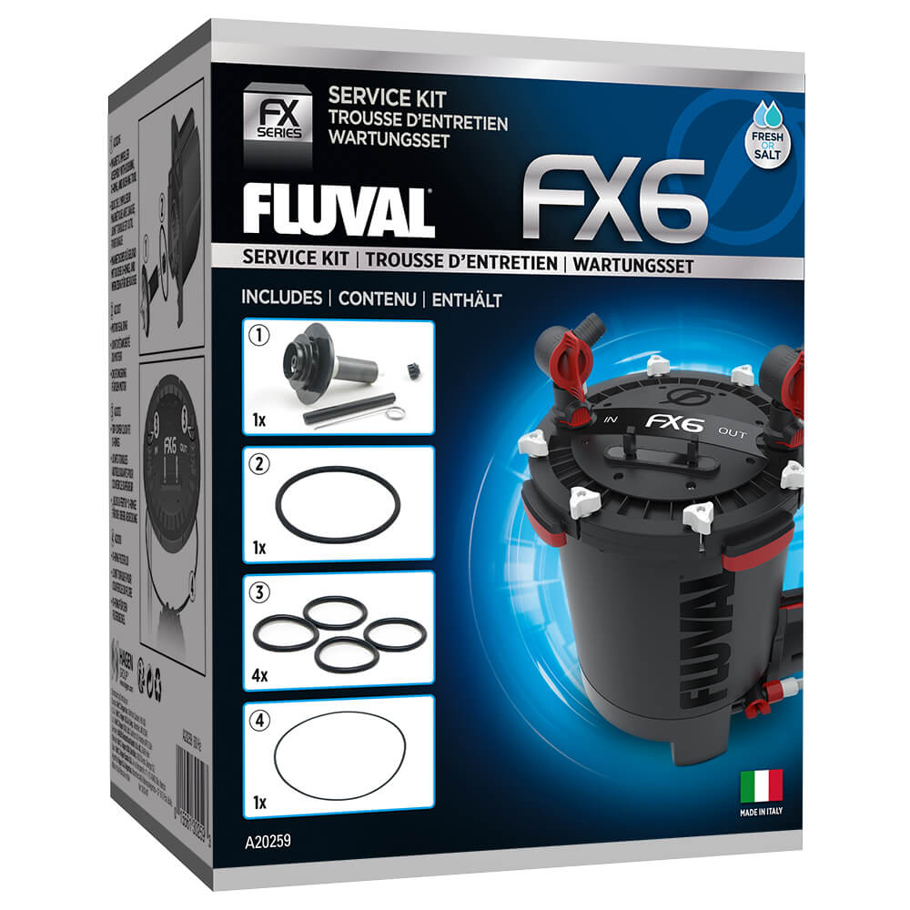 Fluval FX6 Service Kit box with filter parts and O-rings by Fluval on the packaging.
